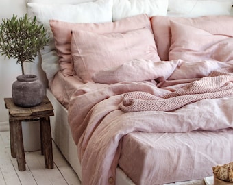 Linen Bedding Set in Dusty Rose. 3 Piece Set in King, Queen, Twin, Full, Double sizes. Pink mauve bedding set: 2 Pillowcases & Duvet Cover