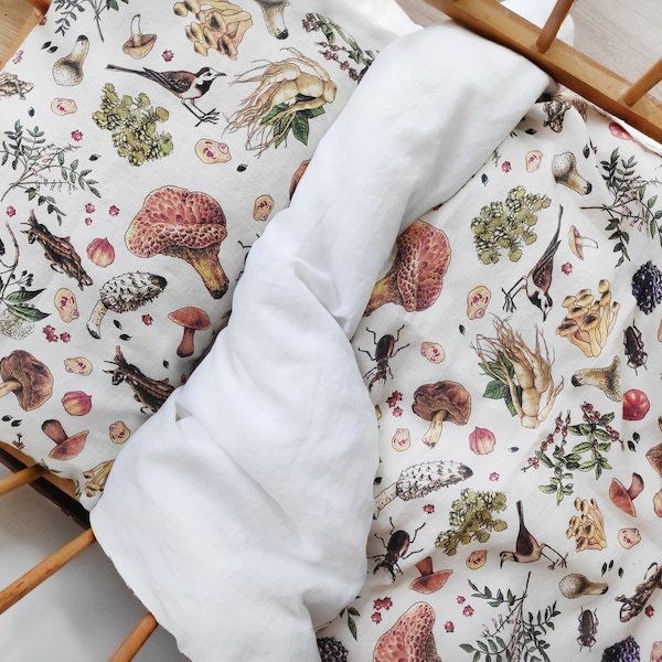 LINEN TODDLER MUSHROOM Bedding. 2 Piece set. Unique mushroom natural linen bedding set for baby crib. Nursery duvet cover & pillowcase