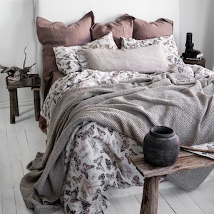 BUTTERFLY LINEN BEDDING. 3 piece set. Unique Vintage Butterfly Print. King, Queen, Twin, Full, Double sizes. Botanical Forest Linen Bedding. image 1
