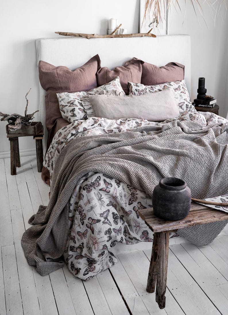 BUTTERFLY LINEN BEDDING. 3 piece set. Unique Vintage Butterfly Print. King, Queen, Twin, Full, Double sizes. Botanical Forest Linen Bedding. image 1