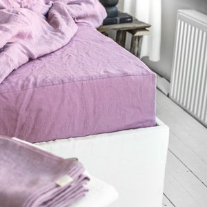 Linen Fitted Sheet in Lavender. King, Queen, Twin, Full, Double sizes. Stonewashed, Natural & Soft linen Fitted Sheet in Lavender