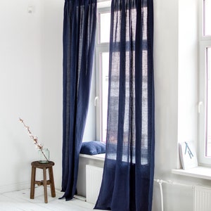 linen curtain drapes in midnight blue navy color