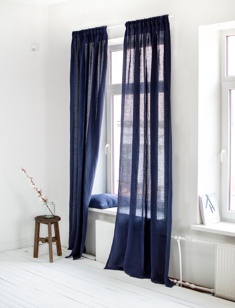 linen curtain drapes in midnight blue navy color
