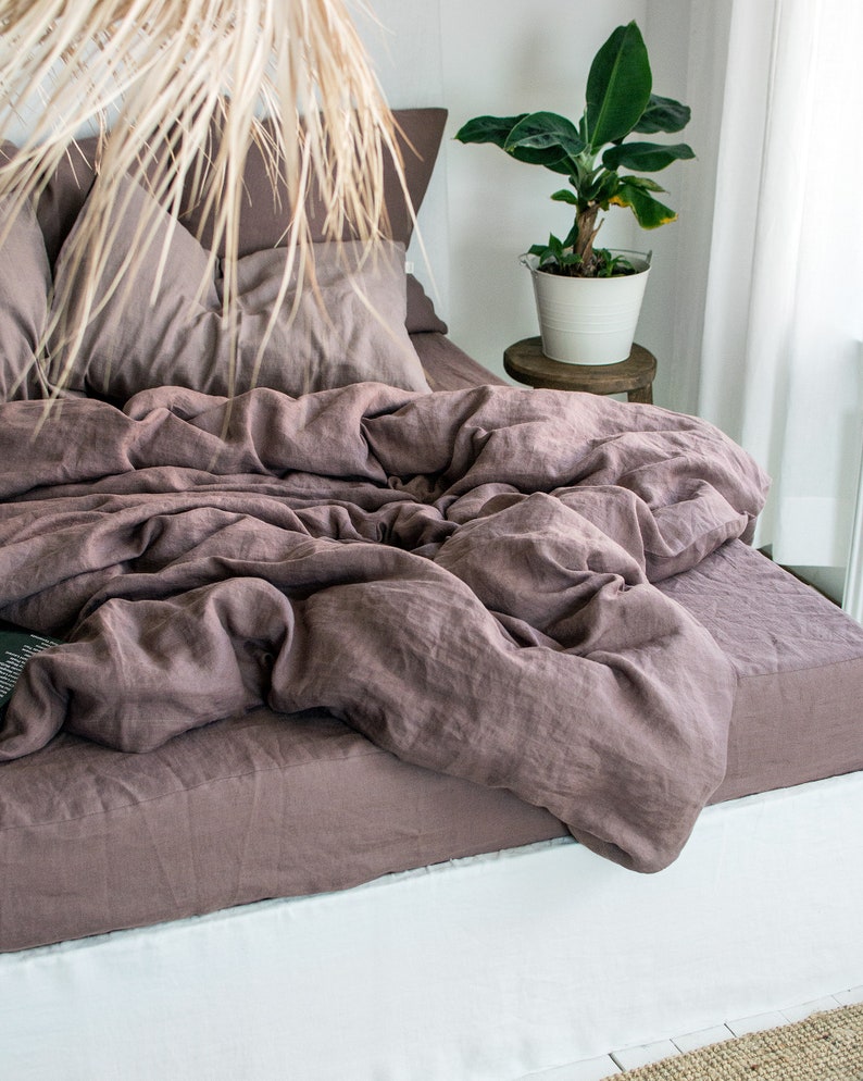 Queen Linen Duvet Cover in Taupe Brown.