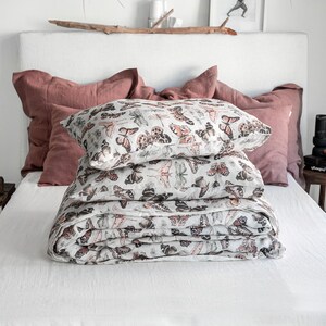 BUTTERFLY LINEN BEDDING. 3 piece set. Unique Vintage Butterfly Print. King, Queen, Twin, Full, Double sizes. Botanical Forest Linen Bedding. image 2