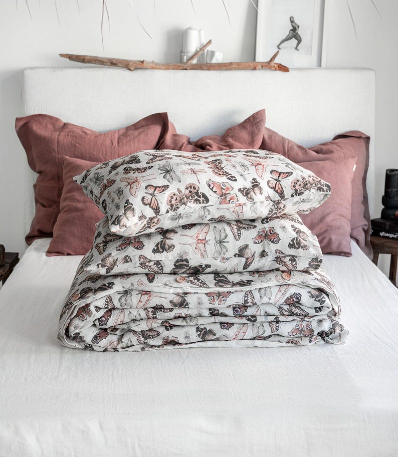 BUTTERFLY LINEN BEDDING. 3 piece set. Unique Vintage Butterfly Print. King, Queen, Twin, Full, Double sizes. Botanical Forest Linen Bedding. image 2