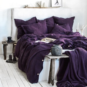 Linen Bedding Set in Plum. Duvet Cover & 2 Pillowcases Set in King, Queen, Full, Double, Twin. Dark Purple Linen bedding