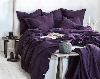 Linen Bedding Set in Plum. Duvet Cover & 2 Pillowcases Set in King, Queen, Full, Double, Twin. Dark Purple Linen bedding