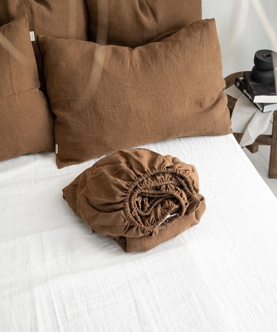 sheet tobacco Linen Fitted Sheet in Tobacco. King, Queen, Twin, Full, Double sizes.  Stonewashed Natural & Soft linen Fitted Sheet in Tobacco Brown