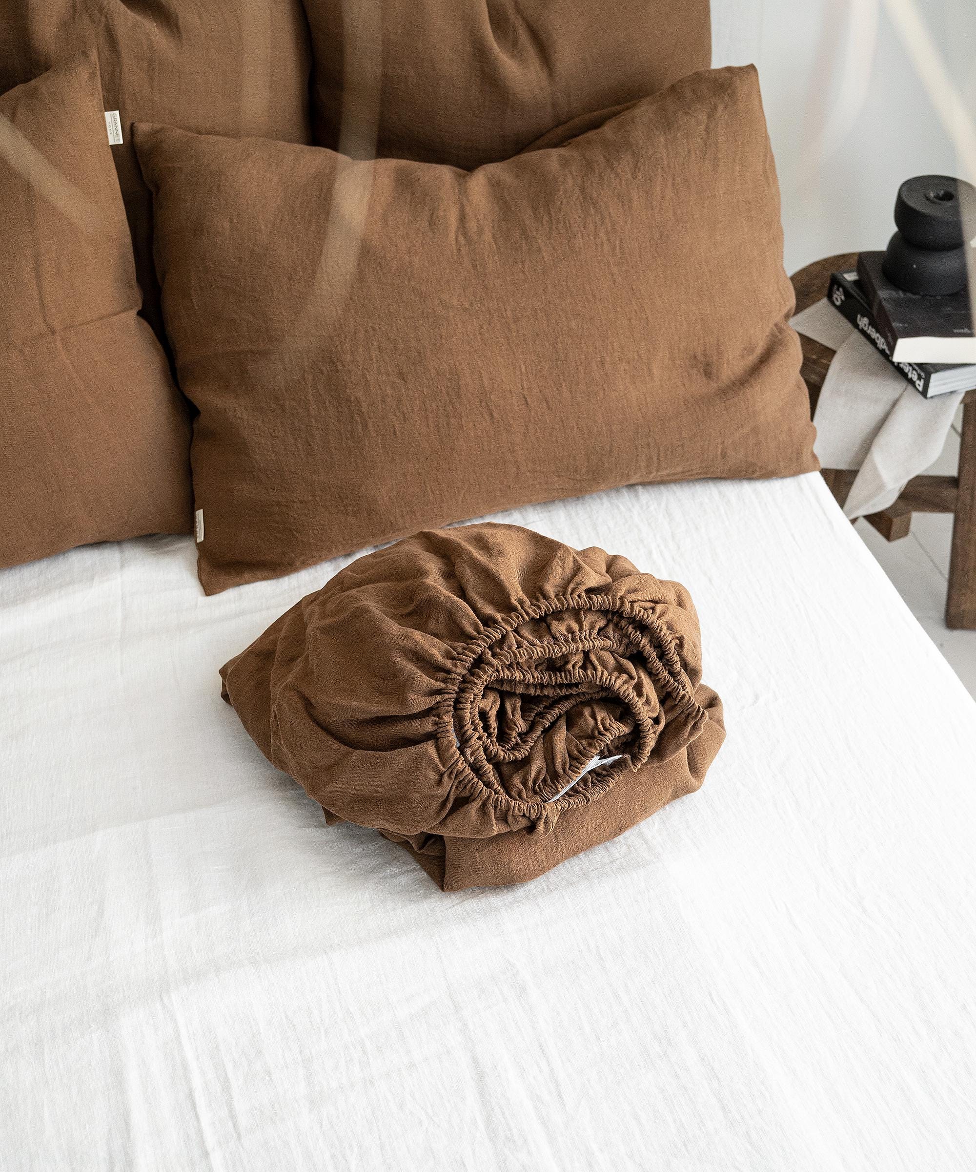 tobacco colored sheets Linen Fitted Sheet in Tobacco. King, Queen, Twin, Full, Double sizes.  Stonewashed Natural & Soft linen Fitted Sheet in Tobacco Brown