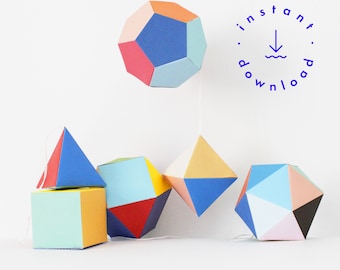 DIY craft sheet Platonic solids – mobile set to build yourself, colorful color variant