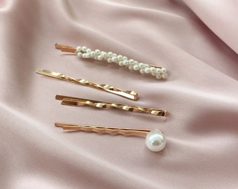 Set of 4 Pearl Hair Clip Barrette Gold Vintage Metal Snap Hair Clips On Bridal Hair pin Barrette golden Fashion Retro accessories