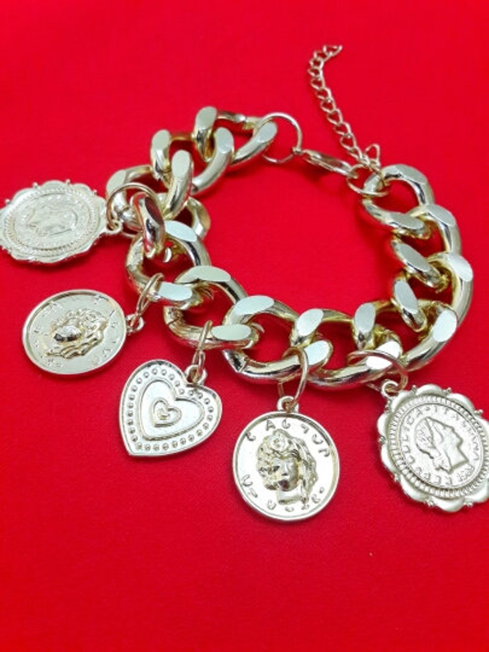 Gold Chain Bracelet Chain Link Bracelet With Coin Bike Chain Etsy