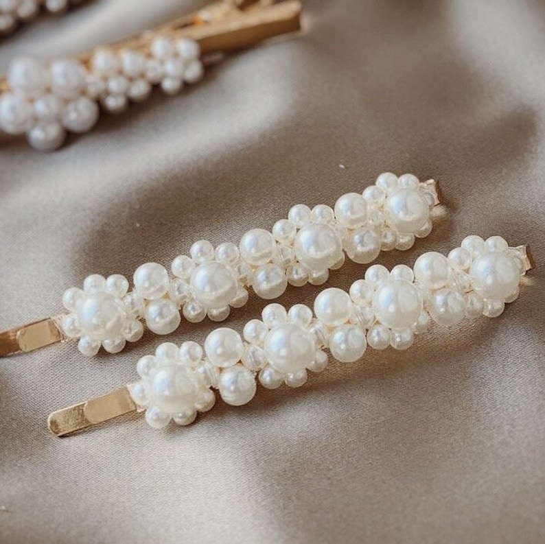 Faux Pearl Hair Clip Barrette Beaded Gold Color Metal Snap - Etsy