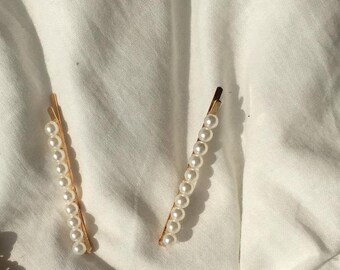 Faux Pearl Long Minimal Hair Clip Barrette Beaded Gold Color Metal minimalism Snap Hair Clip On Bridal Vintage Metal Snap Hair Clip Hair pin