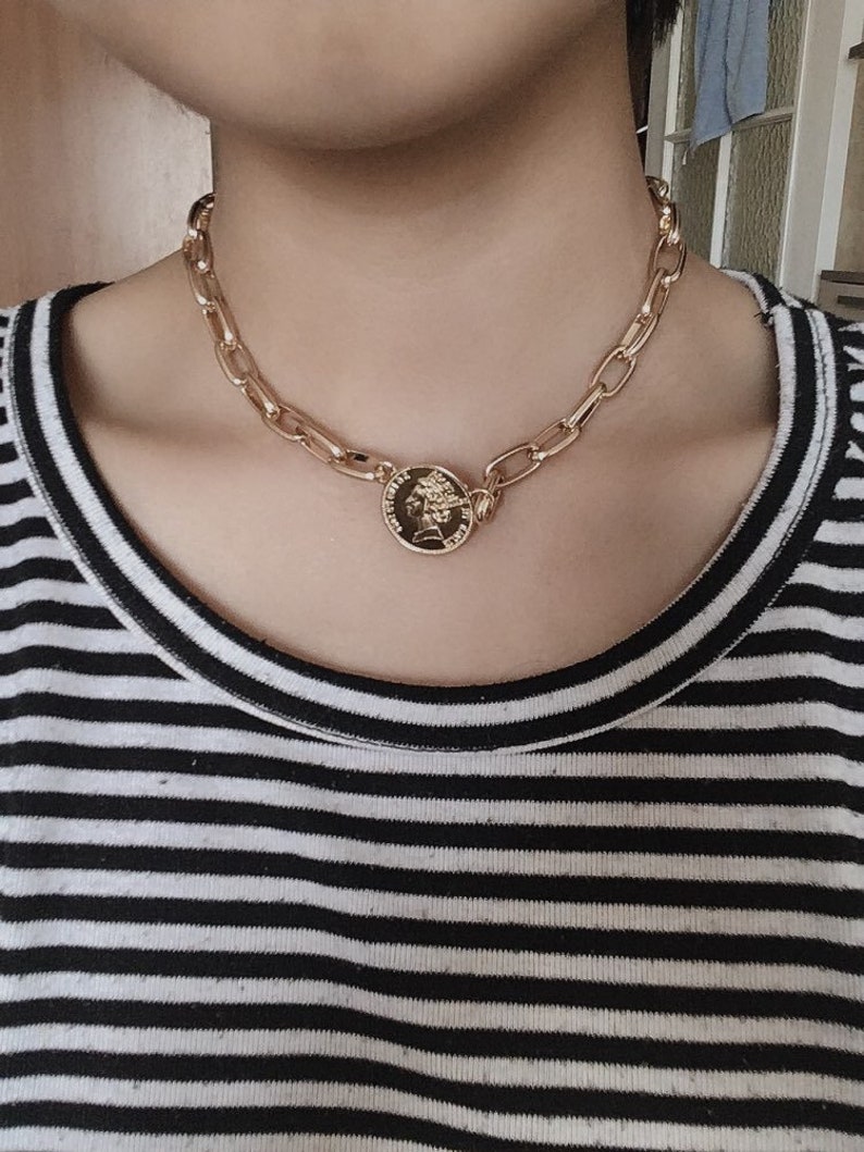 Chunky Gold Chain Choker, Chain Choker Necklace, Choker Coins, Thick Gold Link Choker