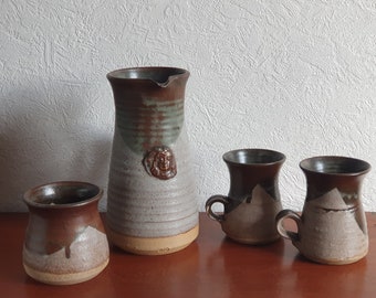 Vintage c.1970s Studio Pottery Jug, Mugs and Sugar Bowl by Stefanie Newton - Cornish Stoneware - Mid Century