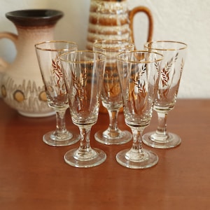 Vintage 1960s Set of 6 Sherry Glasses - Gold Rim with Ears of Corn - Mid Century Modern