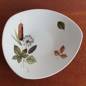 May include: A white ceramic bowl with a brown, green and white floral design. The bowl has a rounded shape and a slightly raised rim.