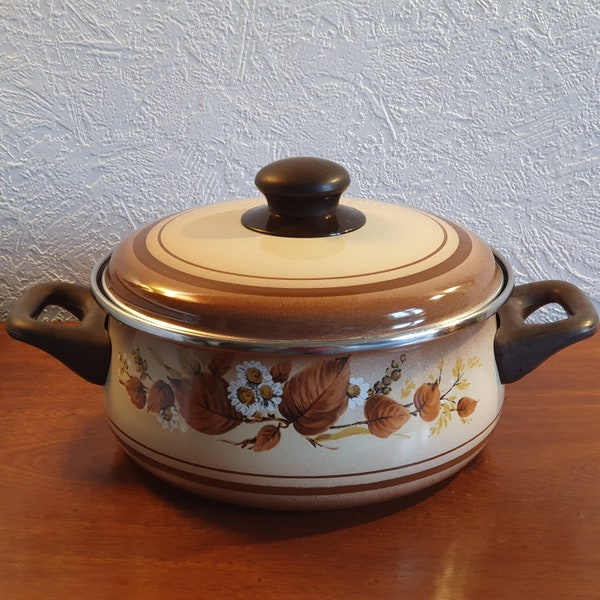 Vintage 1970s Brown Enamel Saucepan with Handles - Autumn Leaves + Daisies Pattern - Mid Century