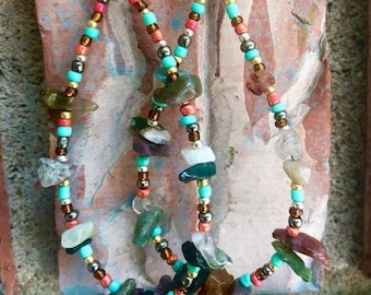 1970s Boho Hippie Teardrop Dangle Earrings, Fishhook, Seed Bead and Jasper Chips