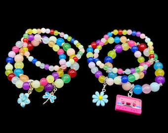 80s Inspired Beaded Jelly Bracelet Stack with Charms
