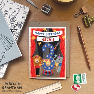 d'anniversaire de cirque personnalisée | Âge et nom personnalisés | Carte de voeux pour enfants A6 | Lionne | Éléphant