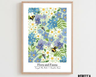 Forget-Me-Not Floral Art Print: UK Flora & Fauna, Bee Illustration