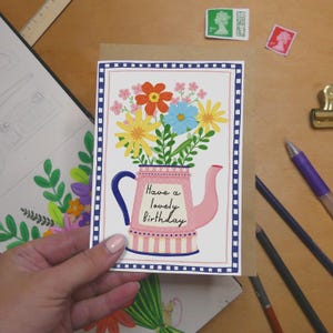 Floral Birthday Card – A6 Hand-Illustrated Teapot and Wildflower Design