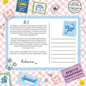 May include: A postcard design with a light blue border and text that reads "Hi!" and "Thank you." The design includes various postage stamp illustrations with phrases like "Positive Vibes Only!" and "Special Delivery."