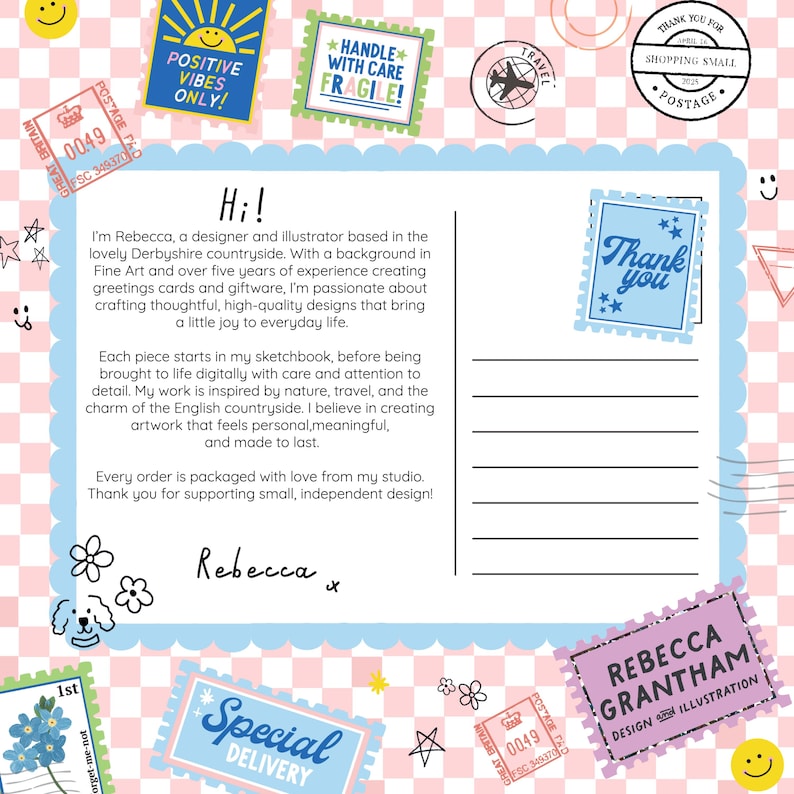 May include: A postcard design with a light blue border and text that reads "Hi!" and "Thank you." The design includes various postage stamp illustrations with phrases like "Positive Vibes Only!" and "Special Delivery."