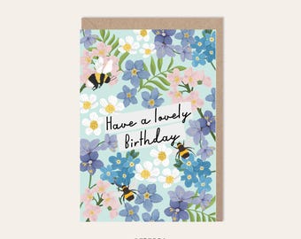Tarjeta de cumpleaños con nomeolvides: Tarjeta floral tamaño A6 ilustrada a mano