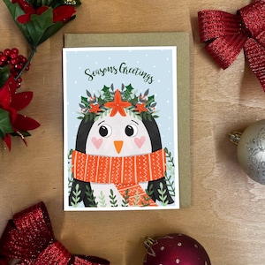 Penguin Christmas Card – Seasons Greetings Floral Design