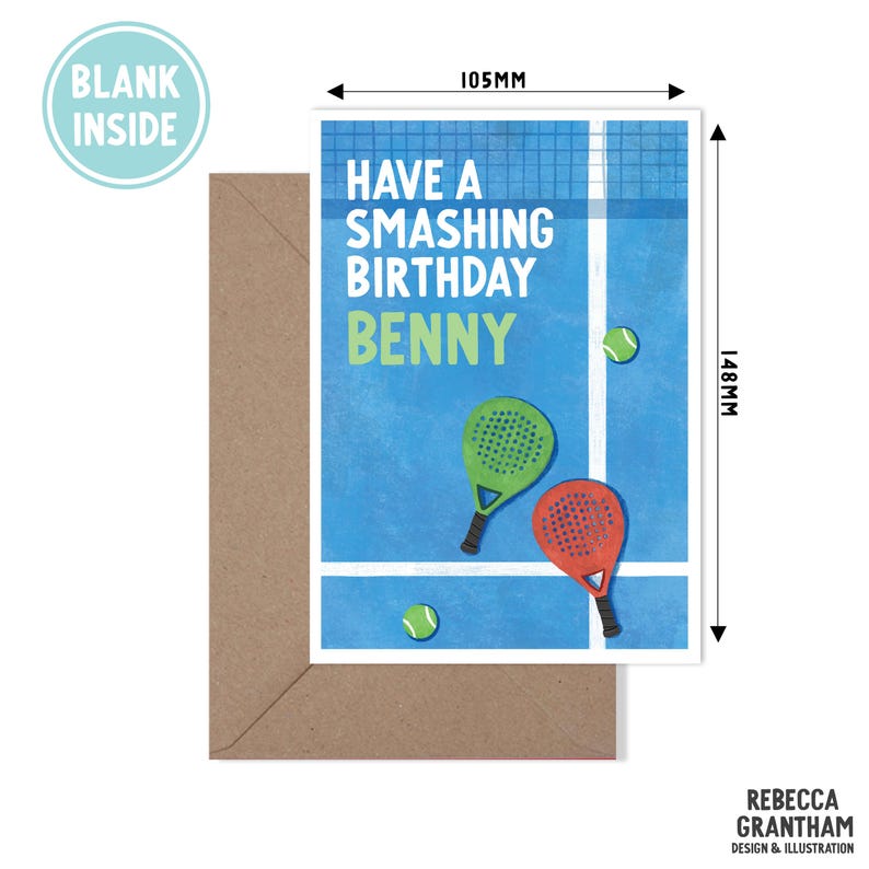 May include: A birthday card with a tennis theme. The card features a blue background with a tennis court design, two rackets, and the text "Have a Smashing Birthday Benny." The card measures 105mm x 148mm.