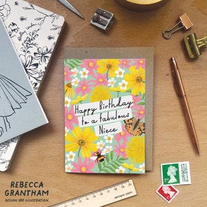 Joyeux anniversaire nièce - carte d'anniversaire A6 - floral - fleurs - jolie carte - carte pour elle - carte d'anniversaire fille - fleur sauvage - bourdon