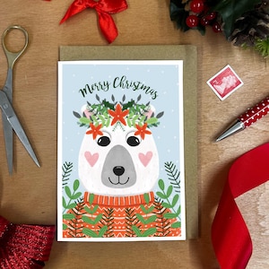 Polar Bear Christmas Card – Merry Christmas Floral Design