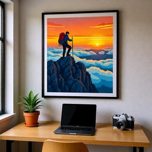 May include: A framed art print depicts a hiker on a mountain peak, silhouetted against a vibrant sunset. The artwork features a red backpack, blue clothing, and a walking stick. The sky transitions from orange to yellow, with clouds below.