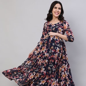 Abito Georgette Flower a 3 livelli adatto alla maternità e all'allattamento / Abito per servizio fotografico con cerniera per l'alimentazione / Abito da gravidanza per donna,