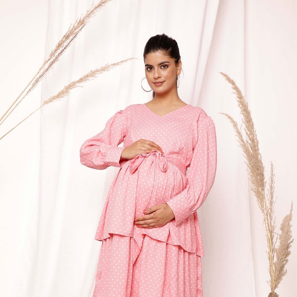 maternity and nursing friendly pink polka dot dress | Photoshoot dress with feeding zip | Pregnancy Dress for Woman,