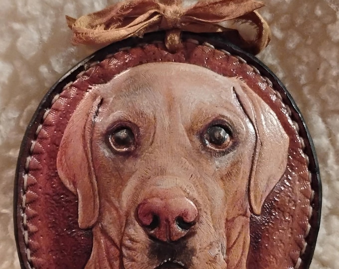 Custom Dog Portrait Leather Cameo – Personalized Pet Memorial Ornament – Hand Tooled Dog Gift