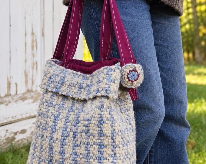 Handwoven Wool Bucket Bag, Handspun Maine Farm Wool, Burgundy Cotton Straps