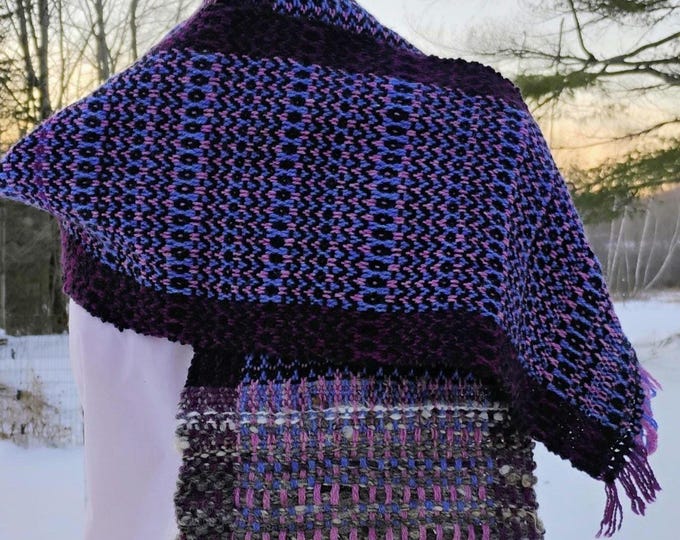Purples and Black Wide Mill wool Scarf or hooded wrap with Homespun accent.