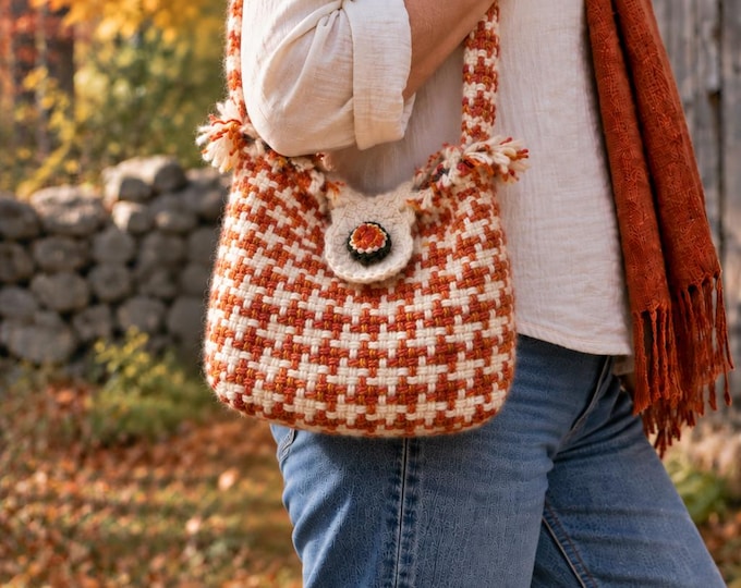 Handwoven Wool Hobo Bag, Rust and Natural, Hand dyed one of a kind