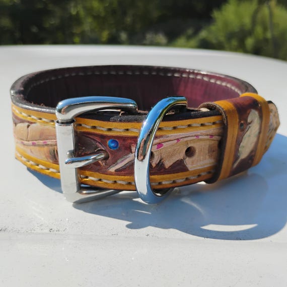 Hand Tooled Leather Dog Collar: Feather Design, Stainless Steel