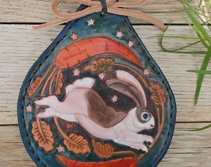 Hand Tooled Leather Rabbit Wall Hanging | Folk Art Woodland Relief Sculpture