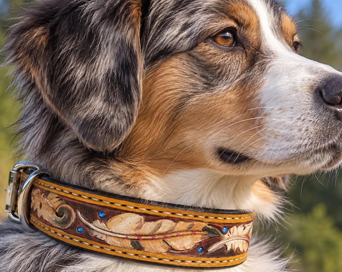 Custom Leather Dog Collar: Feather Design, Stainless Steel Buckle