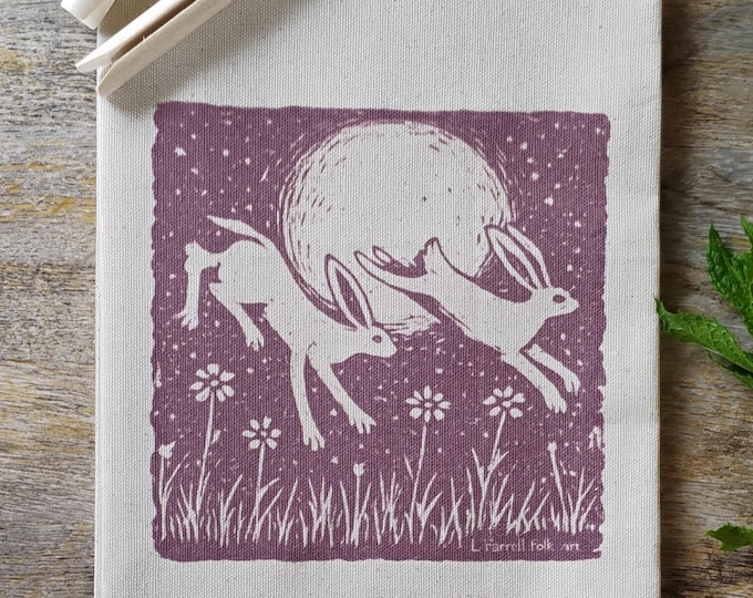 Whimsical kitchen Towel Rabbits in moonlight  Original Art. Organic Cotton