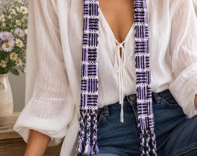 Handwoven Skinny Scarf – Angora, Merino & Border Leicester Lambswool – Purple Black White Artisan Scarf