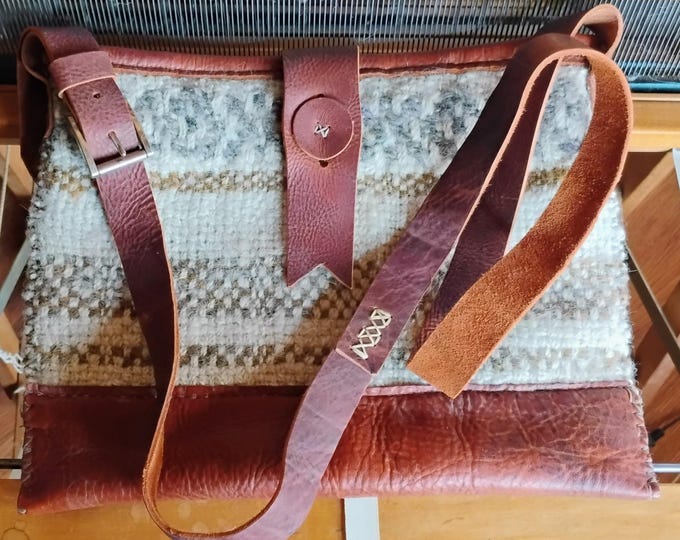 Handwoven Wool Leather Bag – Rustic Crossbody Satchel – Artisan Handmade Purse – Natural Fiber Shoulder Bag