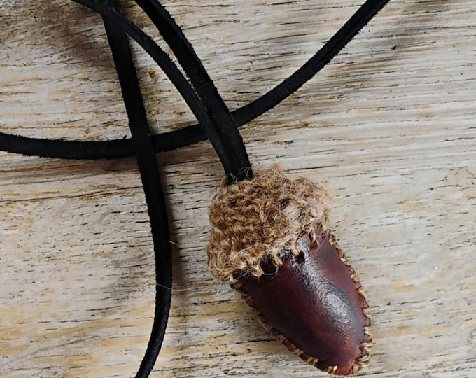 Handspun Wool and Leather Acorn Pendant Necklace: Woodland Folk Art Talisman